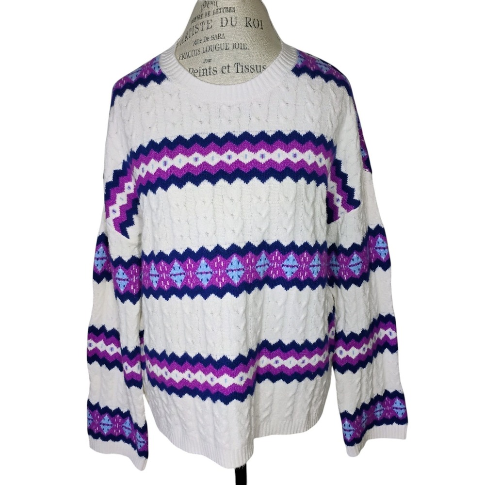 LOFT Cable Knit Fair Isle Sweater Womens Lg White Purple Nordic Cabin Oversized